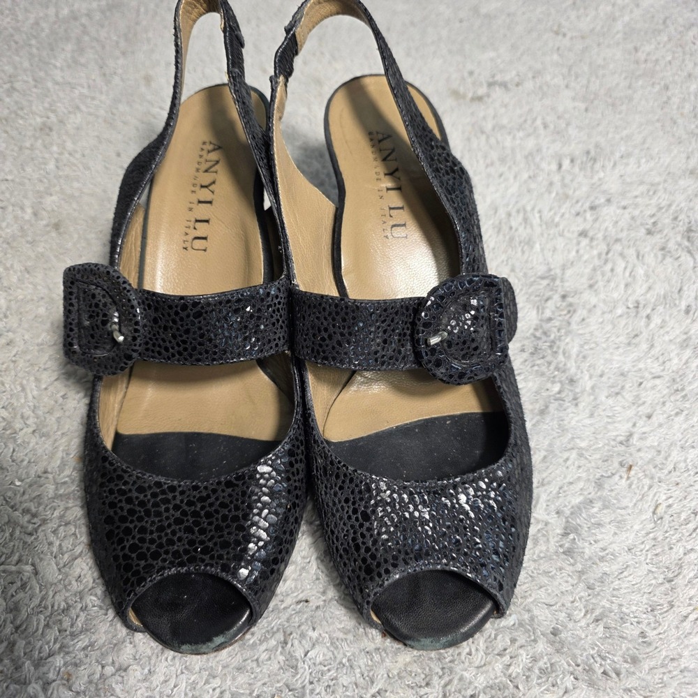 Anyi Lu Tulip Slingback Peep Toe Heel Sandals Black Vero‎ Cuoio  Italy EU 38